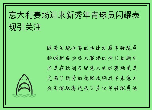 意大利赛场迎来新秀年青球员闪耀表现引关注