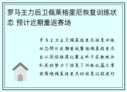 罗马主力后卫佩莱格里尼恢复训练状态 预计近期重返赛场