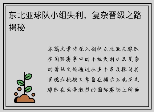 东北亚球队小组失利，复杂晋级之路揭秘
