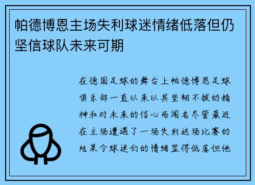 帕德博恩主场失利球迷情绪低落但仍坚信球队未来可期