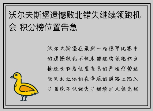 沃尔夫斯堡遗憾败北错失继续领跑机会 积分榜位置告急