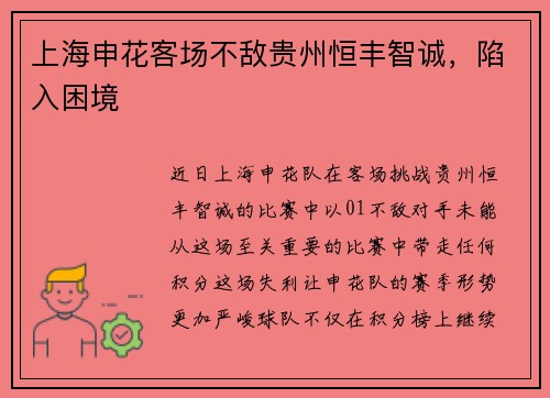 上海申花客场不敌贵州恒丰智诚，陷入困境