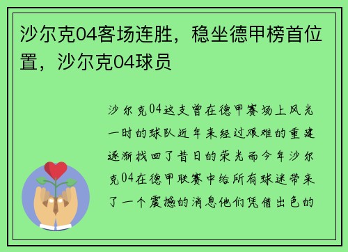 沙尔克04客场连胜，稳坐德甲榜首位置，沙尔克04球员