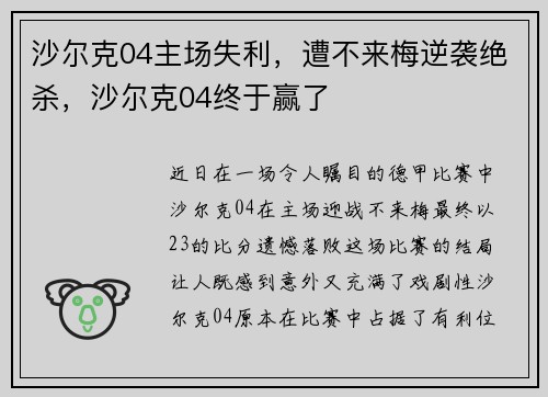 沙尔克04主场失利，遭不来梅逆袭绝杀，沙尔克04终于赢了
