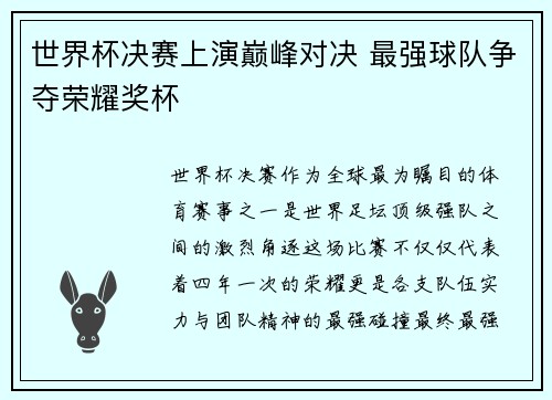世界杯决赛上演巅峰对决 最强球队争夺荣耀奖杯