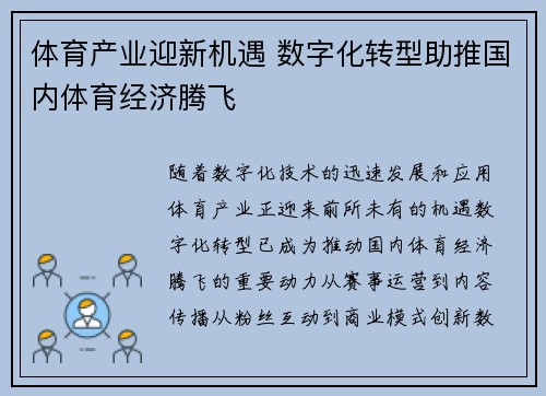 体育产业迎新机遇 数字化转型助推国内体育经济腾飞