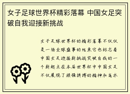 女子足球世界杯精彩落幕 中国女足突破自我迎接新挑战