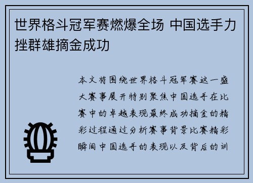 世界格斗冠军赛燃爆全场 中国选手力挫群雄摘金成功