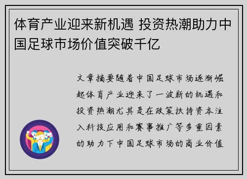体育产业迎来新机遇 投资热潮助力中国足球市场价值突破千亿